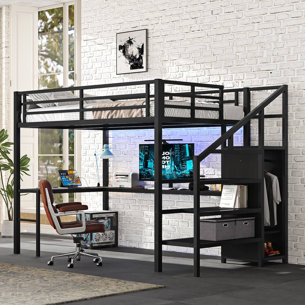 GDFStudio - Weston Loft Bed with L-shaped Desk and USB, Metal Loft Bed with smart necessaries for Kids Teens Adults
