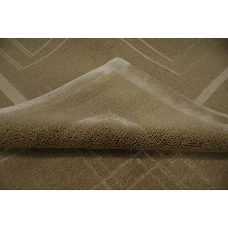 Hand Knotted Oriental Wool & Silk Carpet Modern Geometric Beige & Ivories Nepalese Area Rug - 10' 0'' X 8' 1''