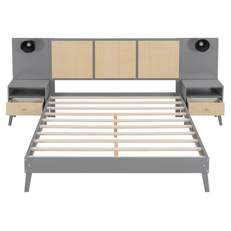 Queen Size Solid Wood Bed Frame with 2 Nightstands, Modern Platform Bed with Headboard, Lamps, Rattan Wood Combination Set