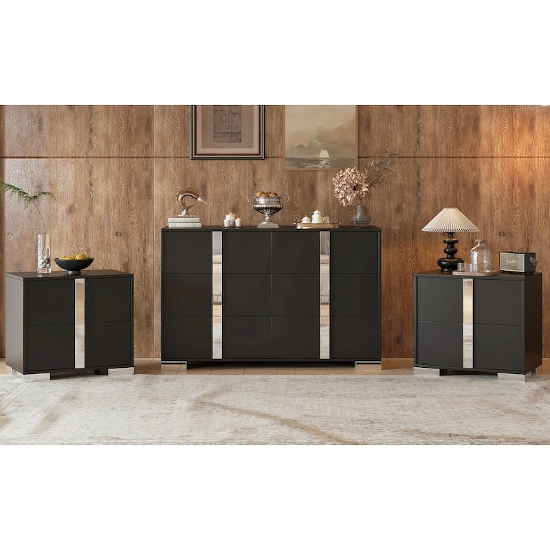Roomfitters 3-Piece Bedroom Set, Elegant 6-Drawer Dresser and 2 Nightstands with Metal Handles