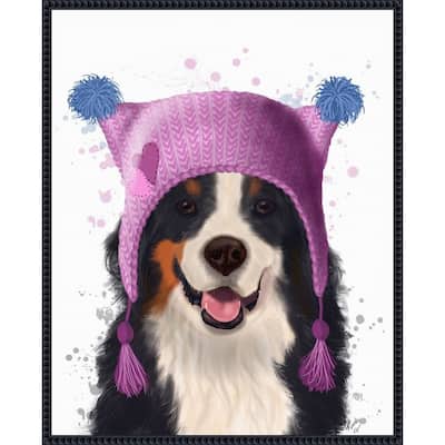 Bernese And Bobble Hat by Fab Funky (23 x 28 in.), Framed Canvas Wall Art Print - Sylvie Beaded Black