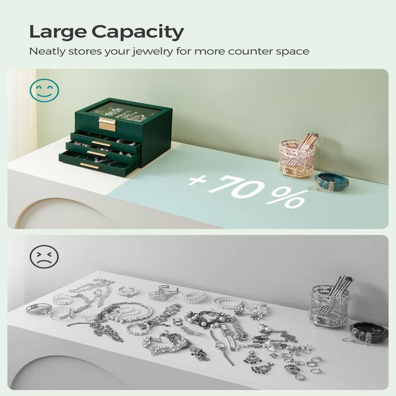 Modern Jewelry Organizer with Multiple Drawers Glass Top and Velvet Interior for Storage