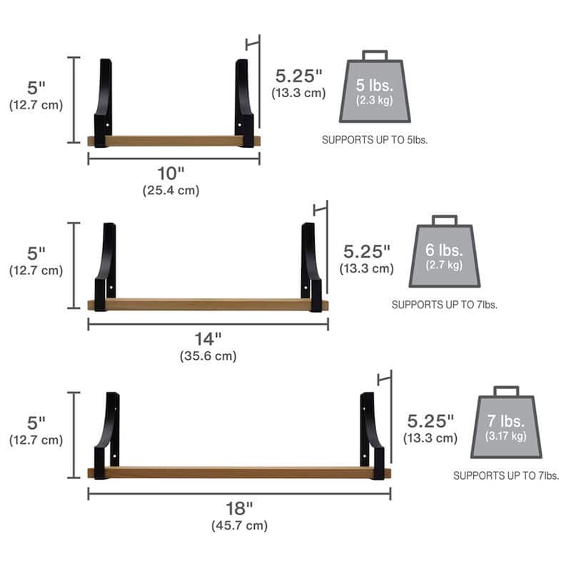 Melannco Set of 3 Floating Wood and Metal Curve Wall Shelves, 18, 14, 10 Inch, Natural