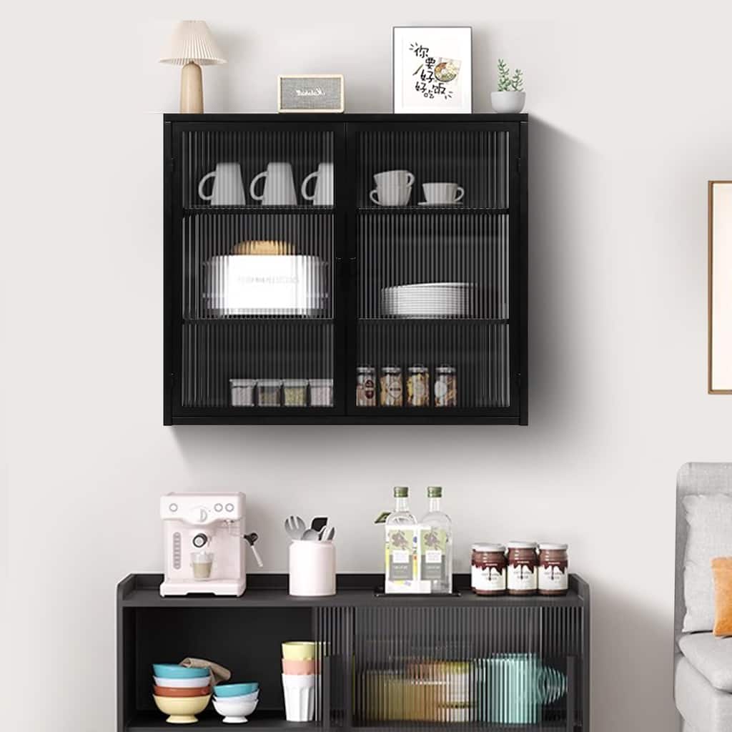Modern Black Wall-Mounted Cabinet with Fluted Glass Doors and Three-Tier Storage for Entryway or Living Spaces