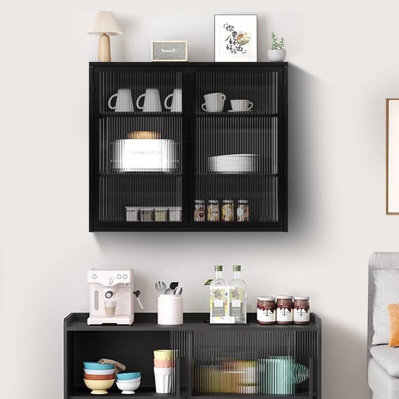 Modern Two-door Glass Wall Cabinet with Three-tier Storage for Various Spaces - Black-A
