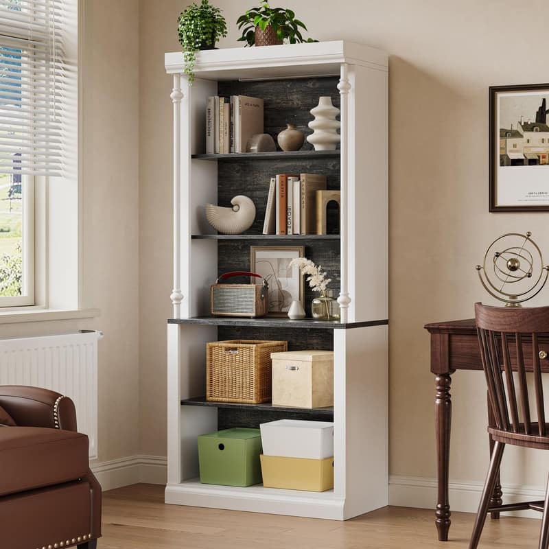 5-Tier Roman Column Style Bookcase with Cabinet Adjustable Shelves and Lights