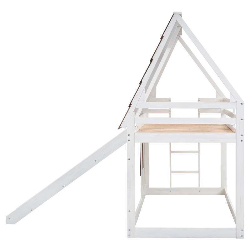 Twin Pine House Bunk Bed with Roof, Ladder, Slide, and Guardrails