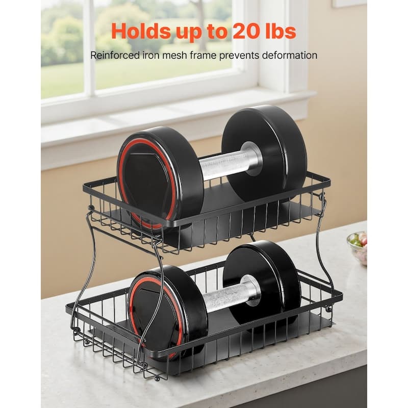 Matte Black Double-Layer Fruit Basket Holder Countertop Storage Organizer for Kitchen Fruits - 15.16” x 9.06” x 9.65”