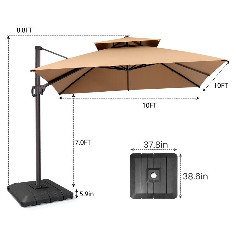 Pellebant Outdoor 10 FT Square Cantilever Patio Umbrella 360 Degree Rotation with Premium Base
