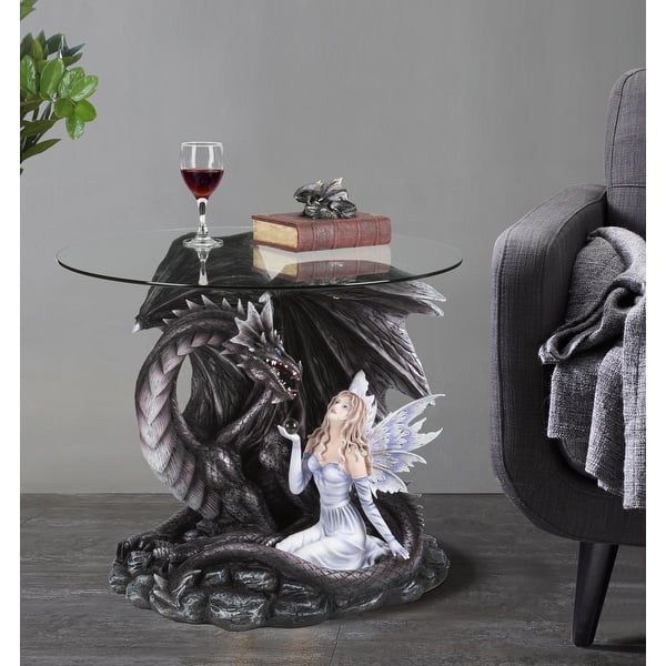 slide 1 of 26, Q-Max 27"H Dragon Table, Medieval Dragon with Fairy Table, Detailed Dragon Decor Side Table, Fantasy Gothic Home Décor Black Dragon