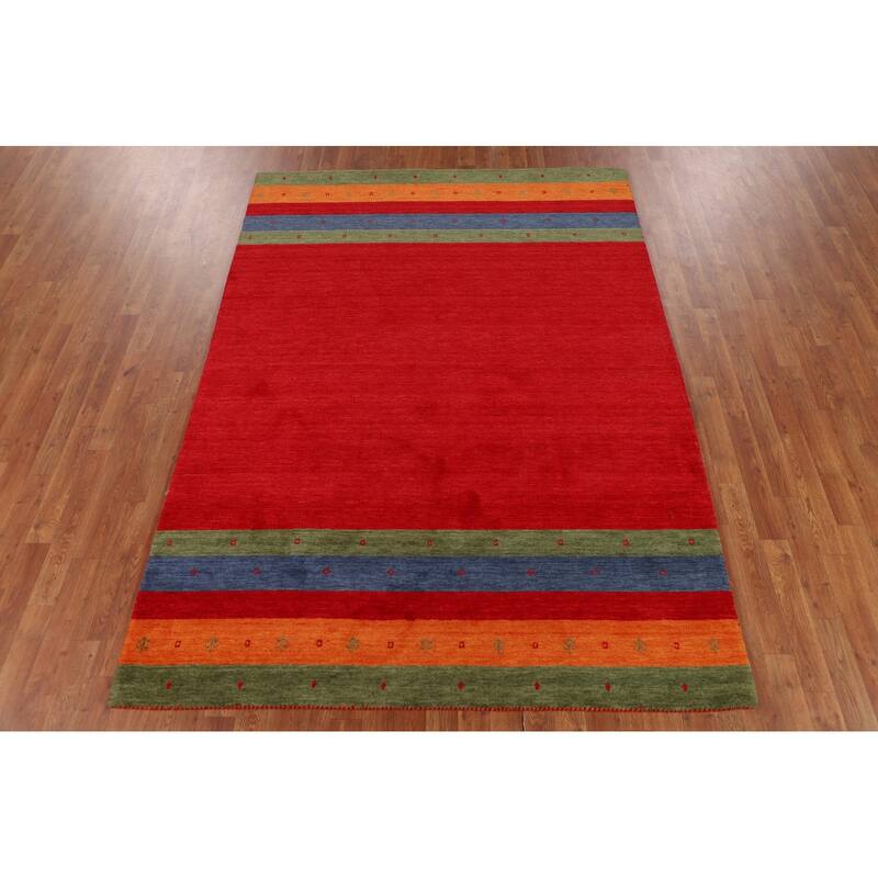 Striped Red Gabbeh Oriental Area Rug Handmade Wool Carpet - 5'8"x 7'11"