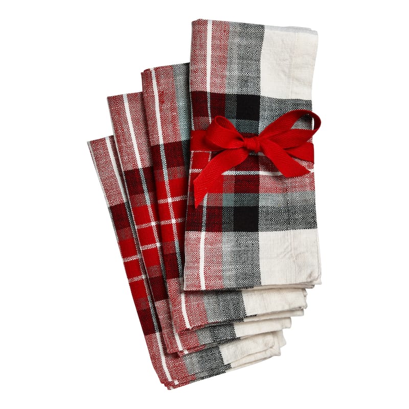 Lodge Plaid Cotton Napkin Set of 4 - Multicolor Kitchen Textiles for Christmas, Machine Washable, 20" x 20" - 20 x 20