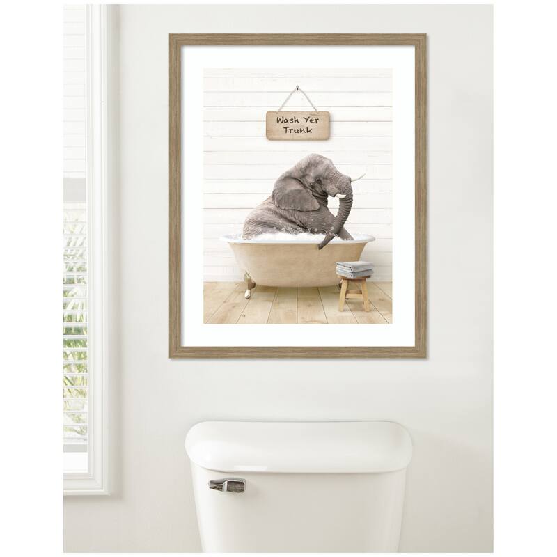 Kate and Laurel Young Elephant in Modern Bathtub Wash Your Trunk by Amy Peterson Framed Wall Art Print