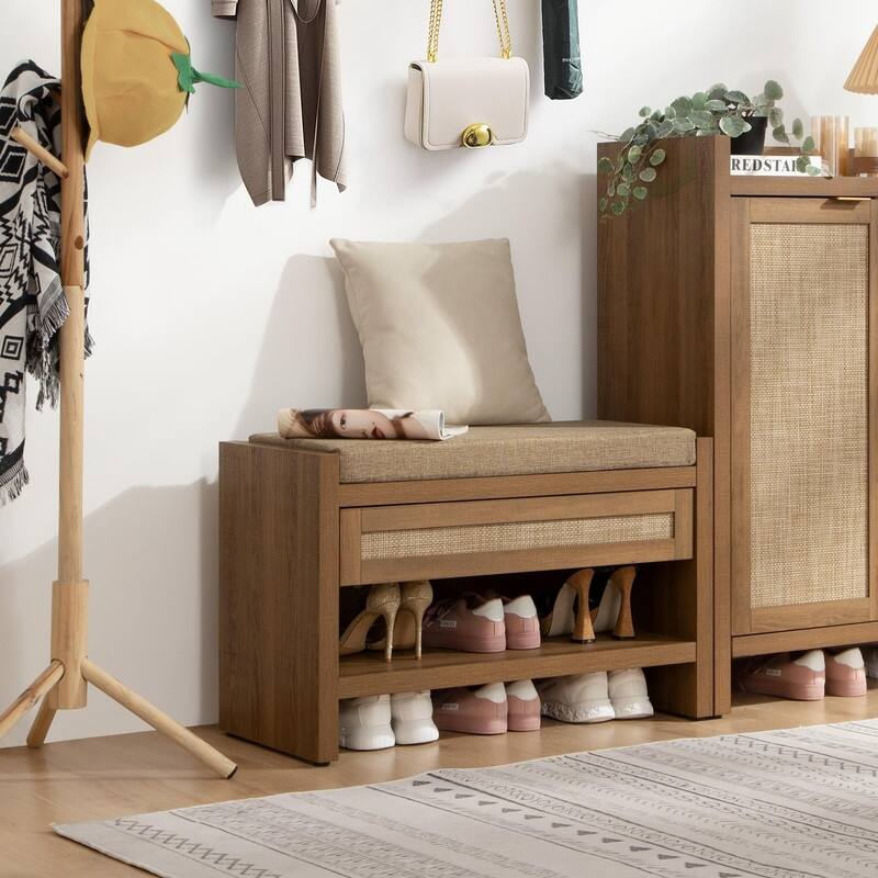 Rattan Shoe Bench - 14.8"D x 31"W x 19.7"H