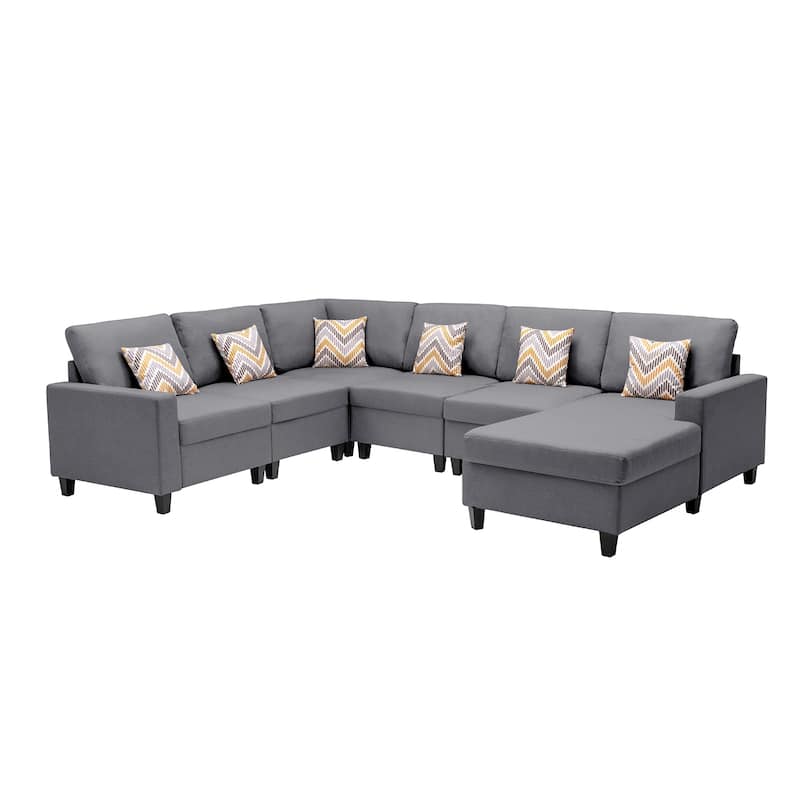 Linen Fabric 6 Piece Reversible Chaise Sectional Sofa with 6 Pillows and Interchangeable Legs