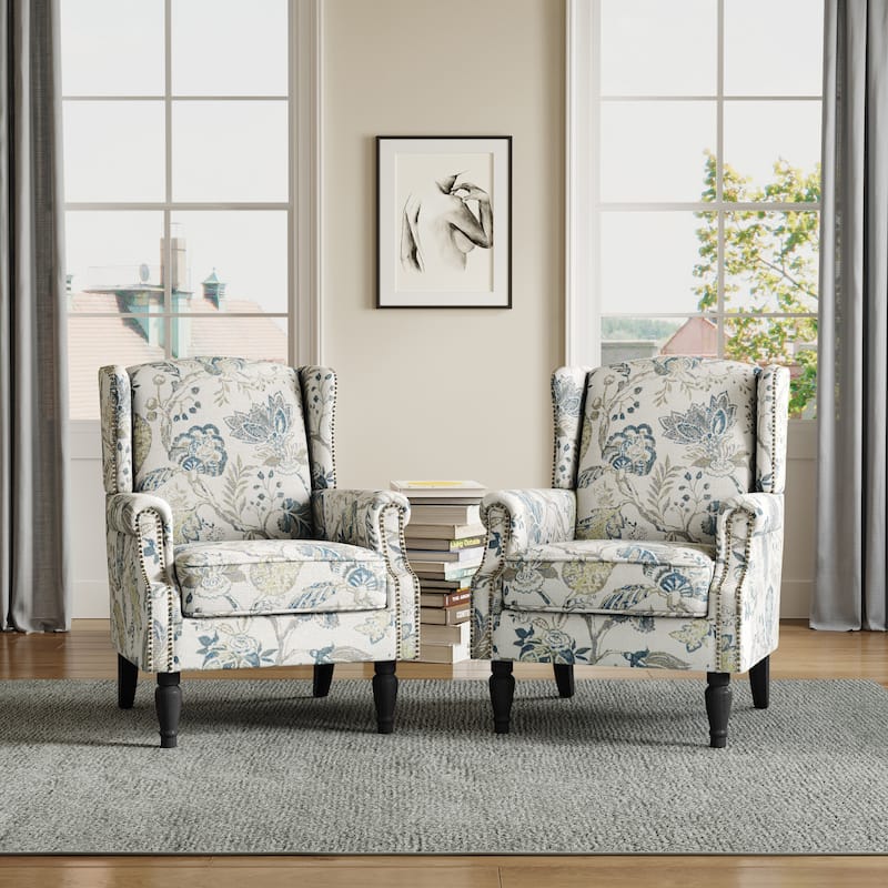 Upholstered Nailhead Trim Armchair Wingback Accent Chairs Set of 2 - Plants Blue