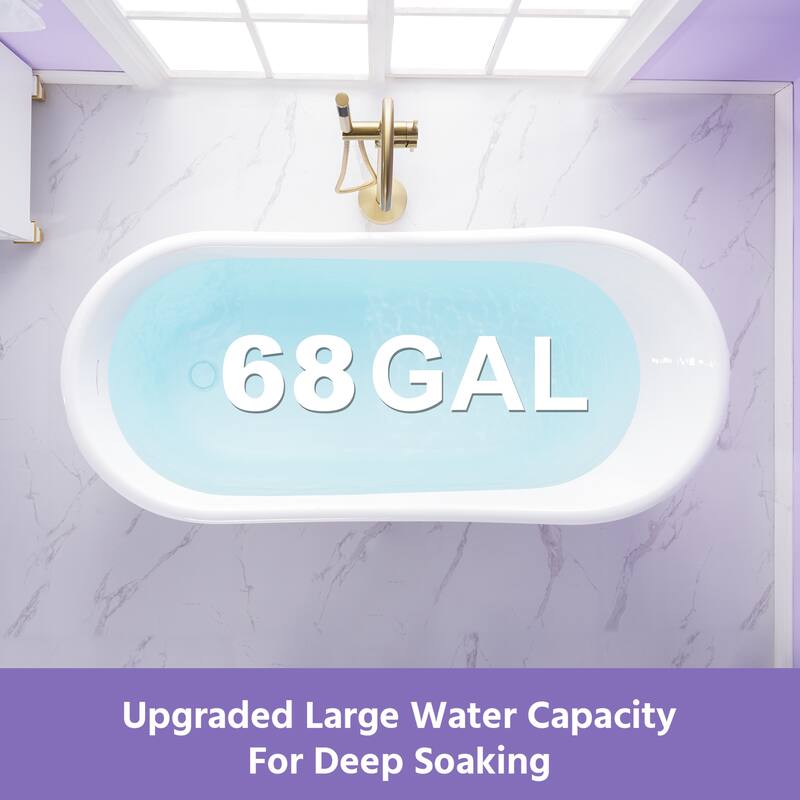 66'' W,68 GALLONS Freestanding Acrylic Soaking Bathtub With Drain And Overflow Holes
