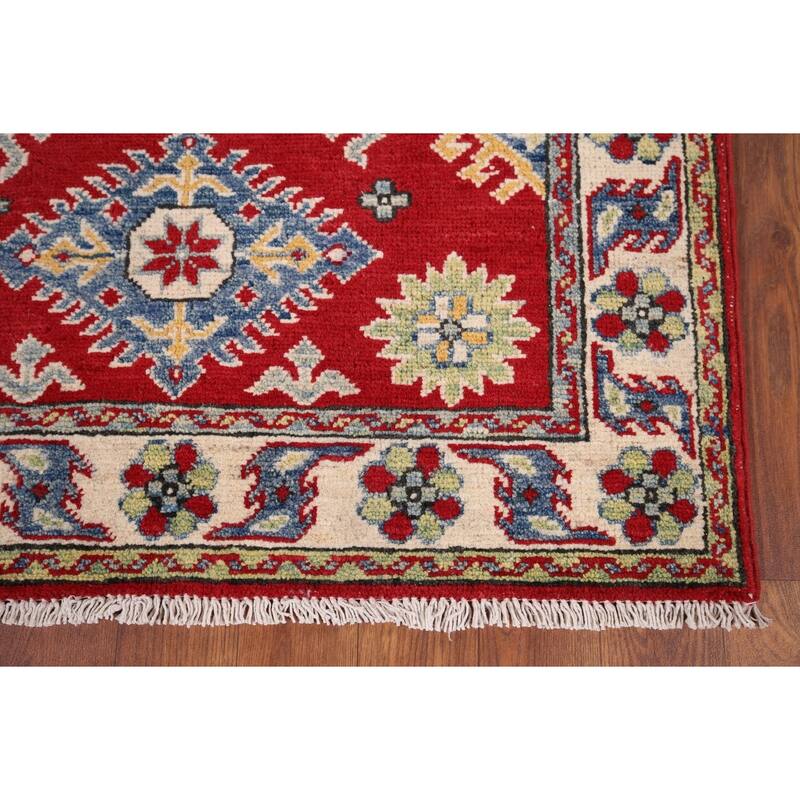 Red Geometric Kazak Pakistan Accent Rug Handmade Wool Carpet - 2'9" x 3'9"