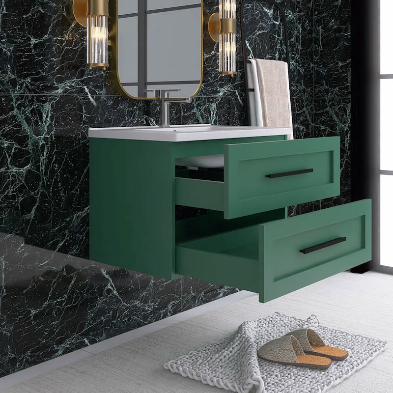 Wall-Mounted Bathroom Vanity in Green with White Ceramic Sink