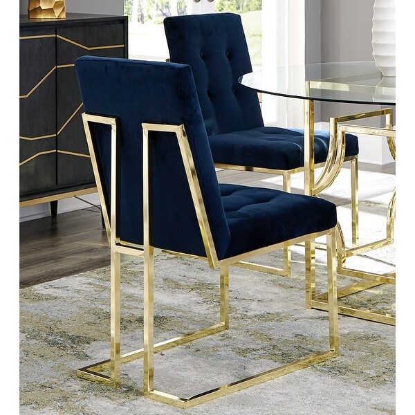 Modern Elegant Button Tufted Blue Velvet and Brass Dining Chairs