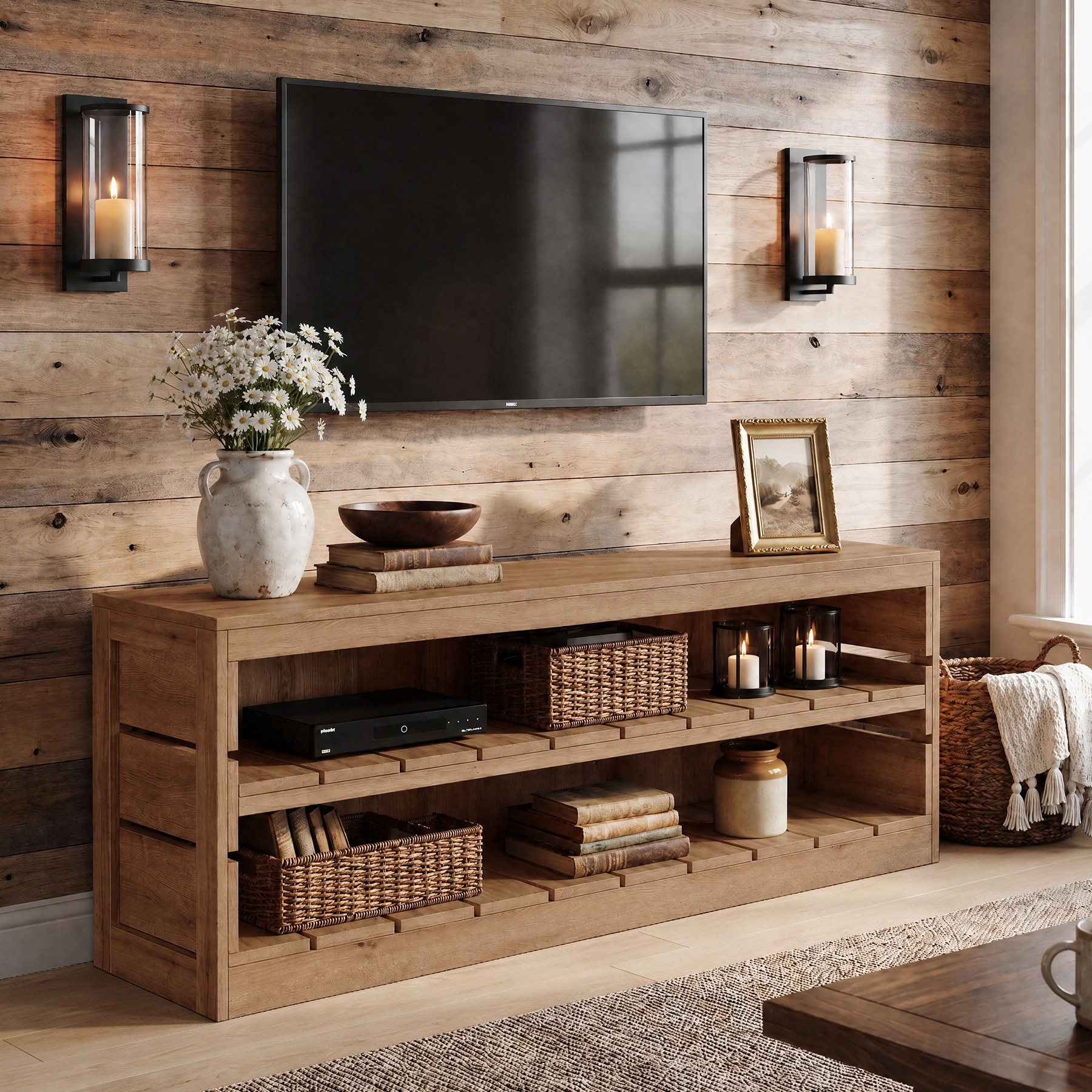 63-Inch Solid Wood TV Stand, 3-Tier Television Stand for 55/60/65/75-Inch TV, Entertainment Center with Shelves