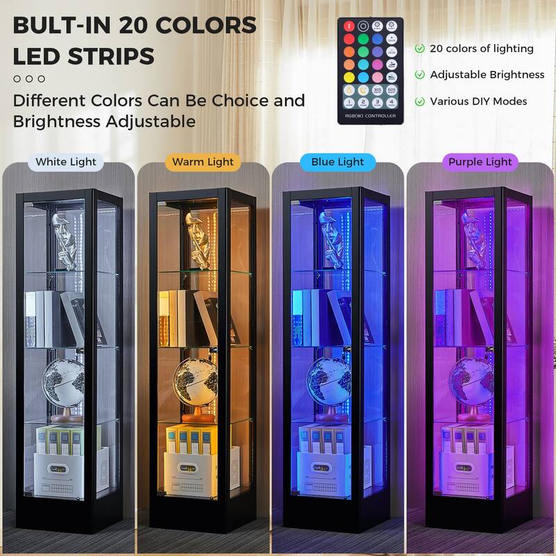 4-shelf Glass Curio Display Cabinet with Doors, RGB Light & Adjustable Storage Shelves - 63"H x 15.8"W x 15.8"D
