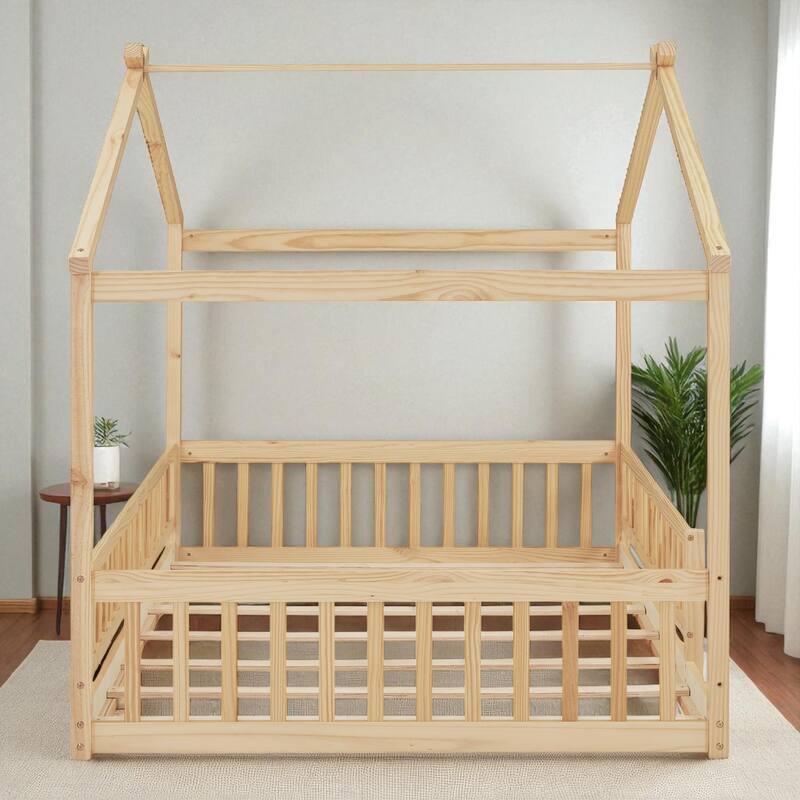 Twin/Full Size Wooden House Bed Frame with Fence and Roof, Playhouse Style for Kids and Teens