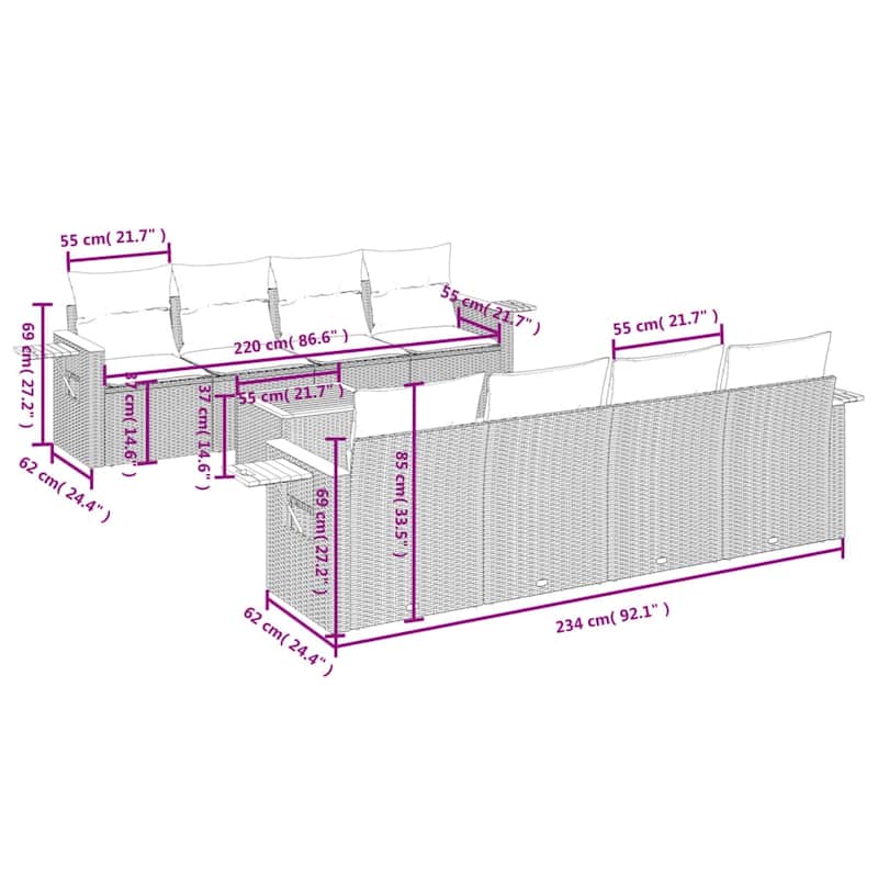 vidaXL 9 Piece Patio Sofa Set with Cushions Black Poly Rattan - 21.7x27.2x24.4