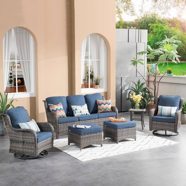 OVIOS 6-piece Rattan Wicker Patio Furniture Set Swivel Rocking Chair Set - Denim Blue