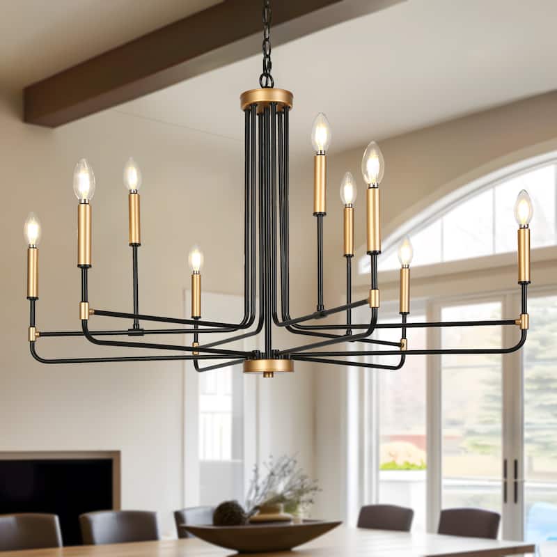Modern 9-Light Classic Angle Arm Chandelier Gold Black Candle Lights - 38.5" Dia. x 25" H
