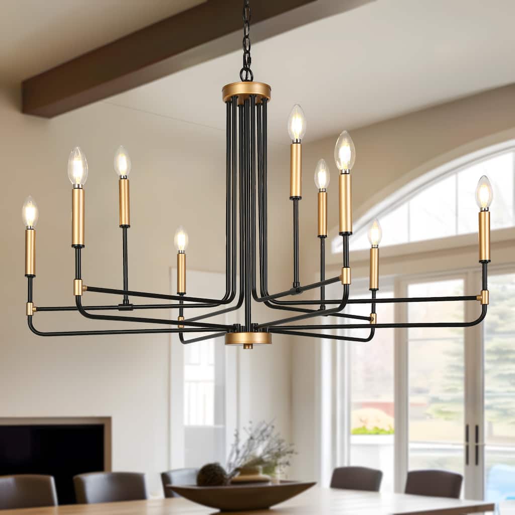 Modern 9-Light Classic Angle Arm Chandelier Gold Black Candle Lights - 38.5" Dia. x 25" H