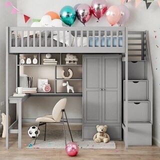 Full Size Loft Bed With Bookshelf,Drawers,Desk,and Wardrobe,Sturdy Construction