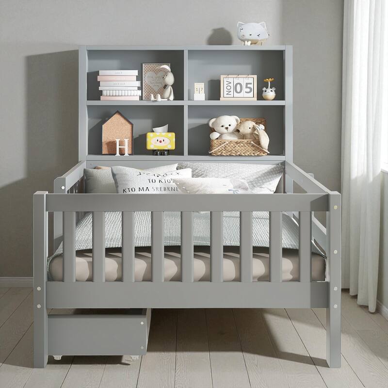 Twin/Full Solid Wood Platform Bed with Chalkboard Headboard, Storage Drawers and Shelves, Space-Saving Kids Bed