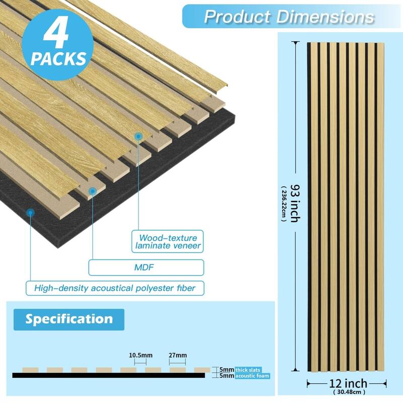 4 Panels 93"x12" MDF Slat 3D Wall Paneling Cover 31 Sq.Ft. - N/A