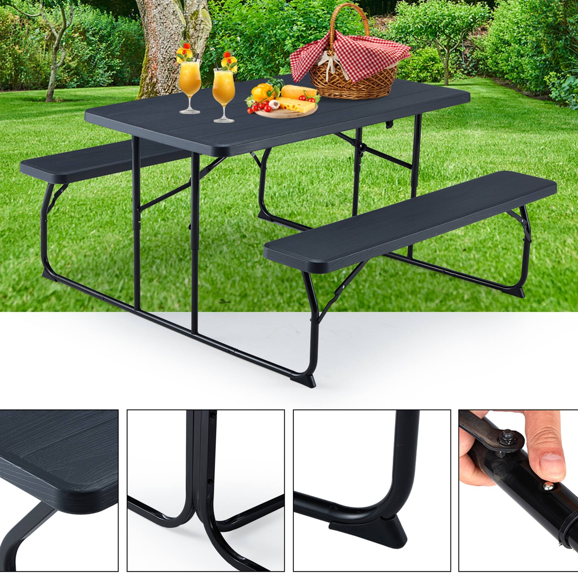 AVAWING 5 FT Outdoor Black Portable Folding Picnic Table Bench Set On