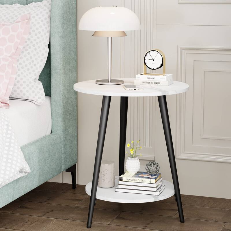 Round End Table Modern White Side Table for Living Room Bedroom Nightstand Accent Table with 2-Tier Faux Marble Wood Top