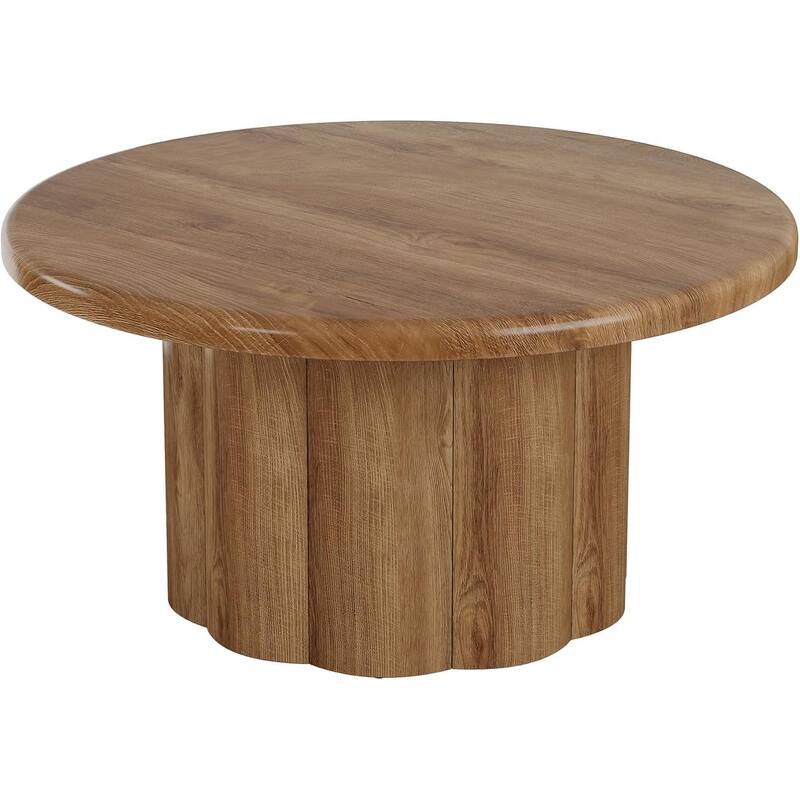 31.5" Round Coffee Table for Living Room, Farmhouse Circle Center Table with Fluted Drum Base - 31.5" D x 31.5" W x 17.72" H
