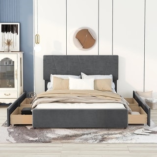Queen Size Upholstery Platform Bed with Four Drawers on Two Sides,Modern Style