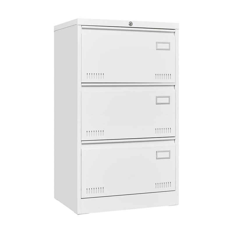 Anmytek White 3 Drawer Lateral Locking Metal Filing Cabinet for Home Office Legal Letter A4 F4 Storage