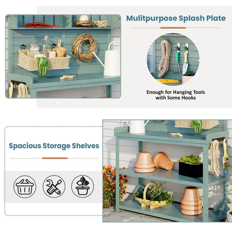 65" Large Wooden Farmhouse Rustic Outdoor Potting Bench Table, Patio Workstation with 4 Storage Shelves and Side Hook