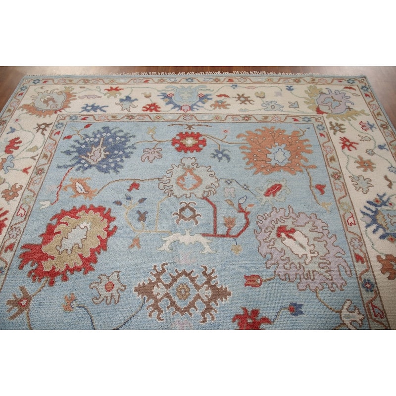 Light Blue Floral Oushak Area Rug Hand-Knotted Wool Carpet - 8'0"x 9'8"