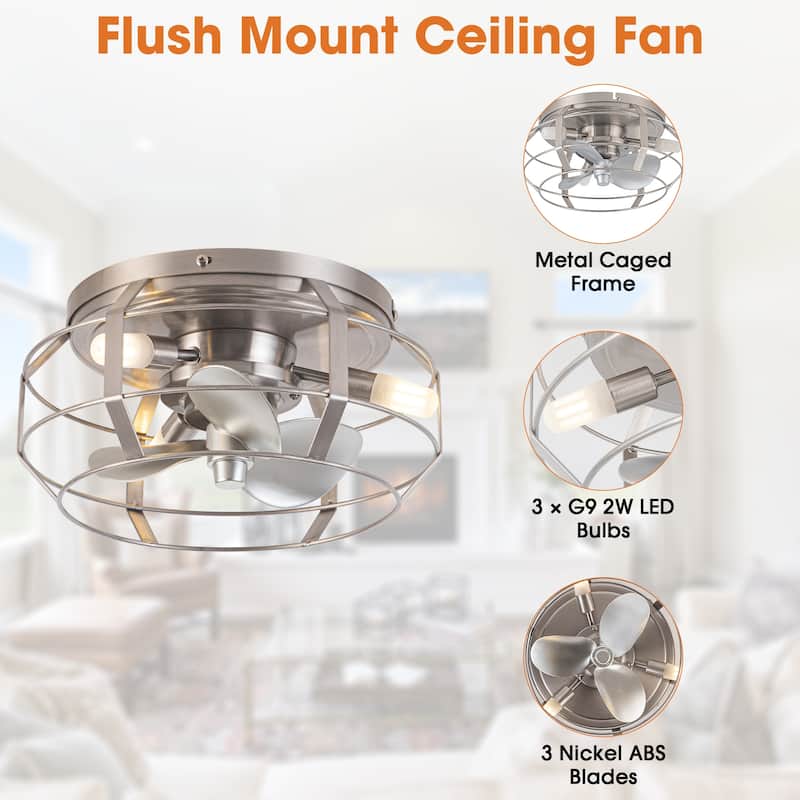 Industrial 3-Light Metal Caged Low Profile Ceiling Fan with Light