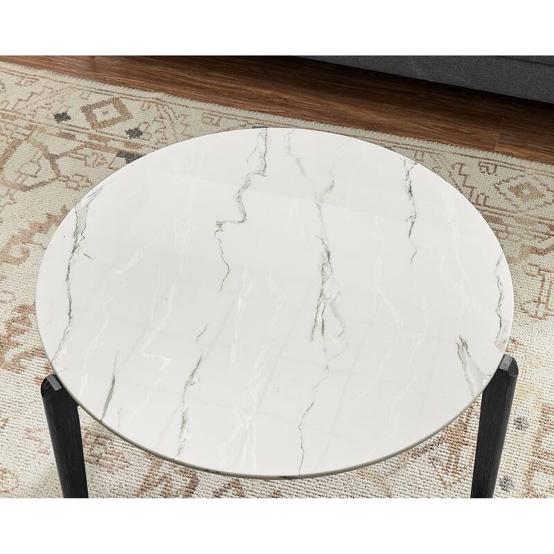Modern 24-Inch Round Coffee Table - Stylish Imitation Marble Top with Solid Rubber Wood Legs-Perfect Small Wooden Coffee Table