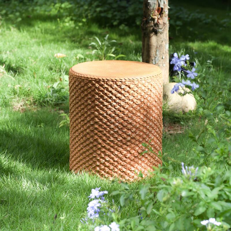 Roomfitters Evie Outdoor Round Side Table with Faux Rattan Weave Texture, Weather Resistant MGO, Brown
