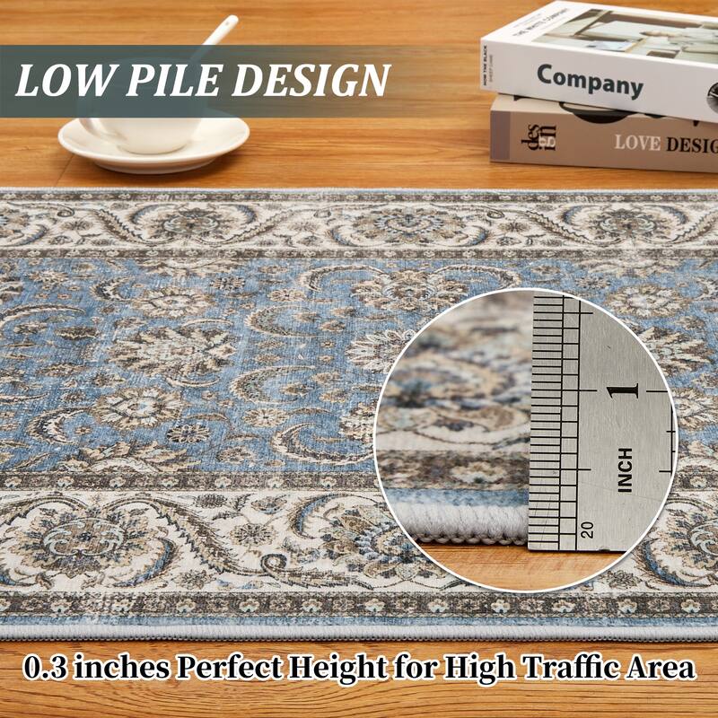 Washable Area Rugs for Living Room Stain Resistant Carpet Vintage Rugs Bedroom Low Pile Non Slip Accent Carpet