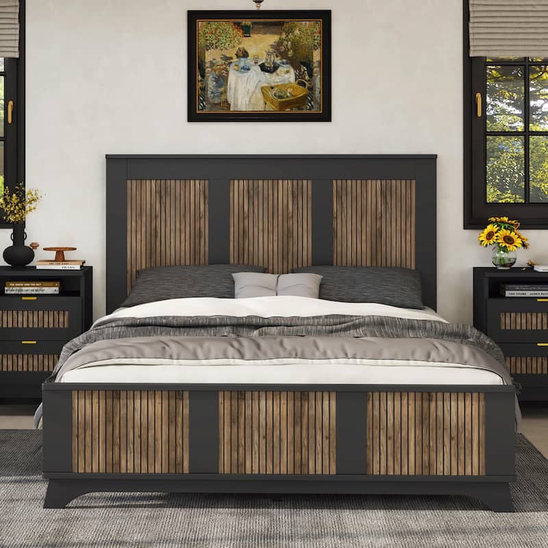 Farmhouse Wooden Platform Bed with Strip Decoration - Black - Queen