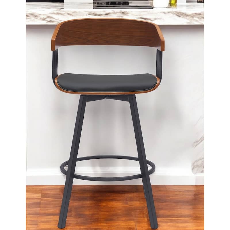 27" Black Faux Leather And Metal Swivel Low Back Counter Height Bar Chair - Black