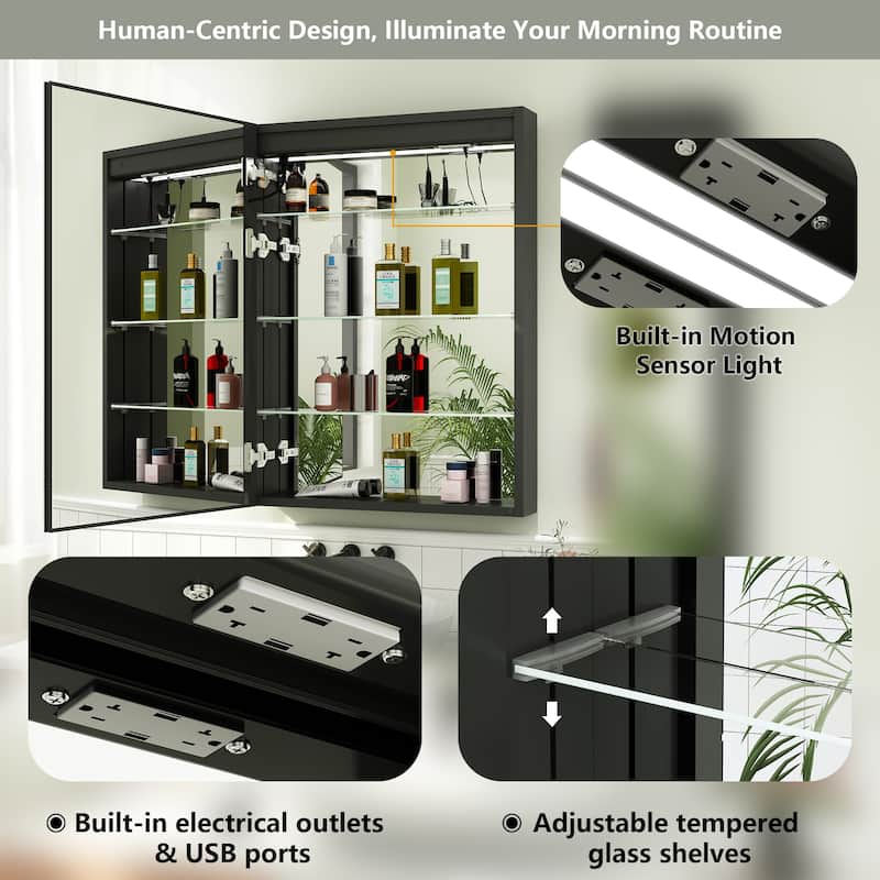 Rectangular Aluminum Recessed/Surface Mount Frameless Anti-Fog Medicine Cabinet with Dimmable LED Lights