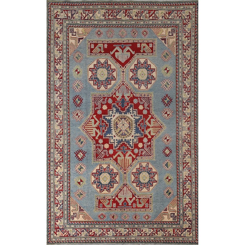 Blue Geometric Kazak Area Rug Handmade Oriental Wool Carpet - 6'0" x 9'8"