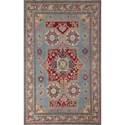 Blue Geometric Kazak Area Rug Handmade Oriental Wool Carpet - 6'0" x 9'8"